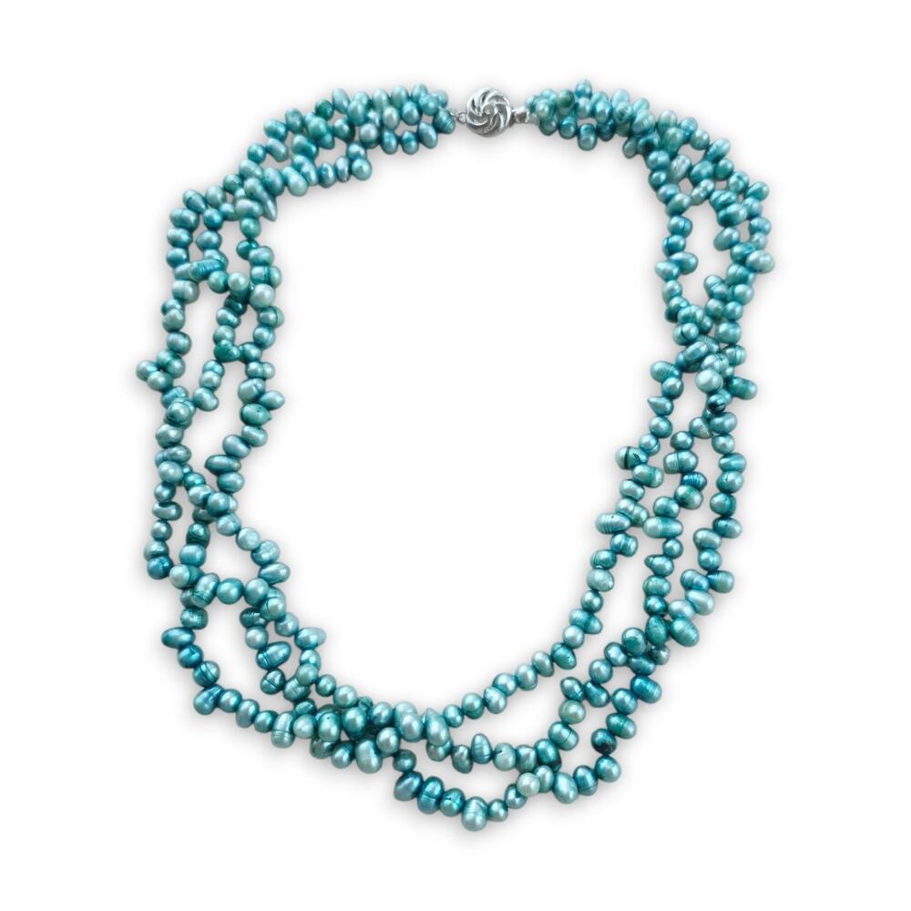 Genuine rice Pearl 3 strand Choker Necklace 16" Teal Blue Old Money Coastal